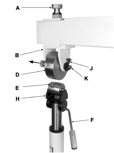 2. Flip up the latch (J) and slide out the upper wheel axle (K) while holding the wheel. Figure 5 To rotate lower wheel: Refer to Figure 6. 1. Disengage quick release lever (F). 2.