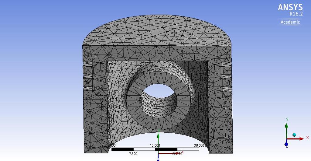 1 Meshing of S.I. engine piston Figure 2, shows meshed model of piston in ANSYS designed module. A tetrahedral element was used for the solid mesh.
