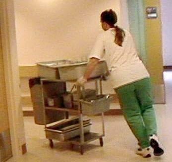 Task: Pushing the kitchen trolley Risks Forceful exertions: low back, shoulder Static posture: back flexion, shoulder flexion, neck flexion Recommendations Increase wheel diameter and thickness