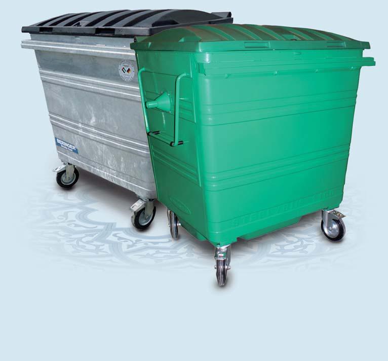 Galvanized Trolley Bin with flat lid MGB 1,1 m 3 For transport with rear-endloader or front-end loader systems Body made of 1,5 mm steel sheets, Hot dip