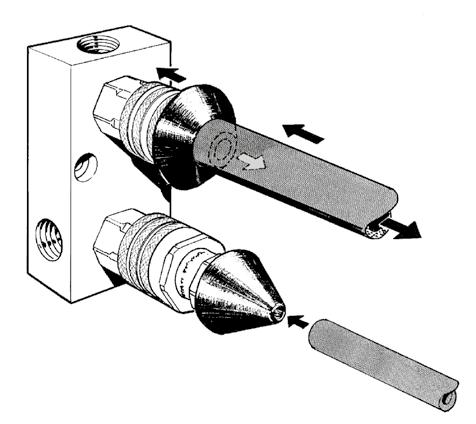 against the nozzle and thereby opens a valve to allow the compressed air