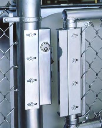 Medium Security utomatic Deadlocking Electromechanical Chain Link Fence Gate Lock compact electric or key operated lock for swinging chain link fence gates 8030 gate lock shown in closed position RR