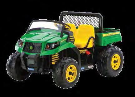 Large dump bed with opening tailgate, super traction wheels that ride on grass, dirt or hard surfaces and a 2-speed shifter with reverse that travels at speeds of 3.