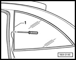 Flush bonded windows (Page 64-12) - Pull cutting thread through adhesive material into vehicle interior with awl (from VAG 1474).
