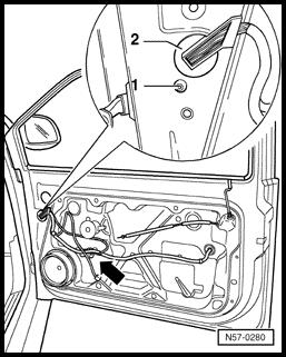 Door windows (Page 64-37) - Remove wiring harness at boot - 1 - between door and A - pillar from A - pillar.