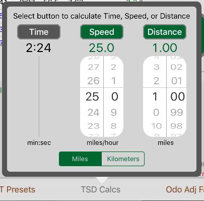 TSD Calculations There is a popup for making ad hoc computations of Time, Speed, or Distance based on inputs of the two variables not chosen.