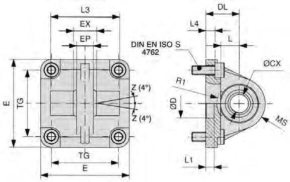Accessories for cylinders series XL Mounting accessories for series XL Swivel mount with spherical bearing Material: Al Order number Ø CX Ø D DL E EP EX L L1 L3 L4 MS R1 S TG XLB-032-12 10 30 22 45