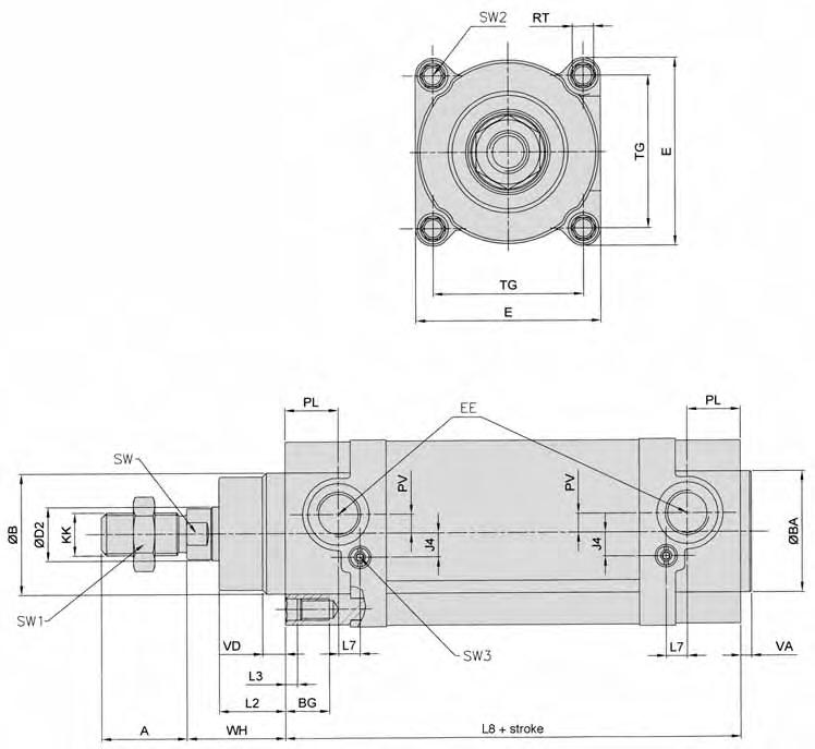 Pneumatic cylinders, piston-ø 32 100 mm Double acting with magnetic piston DIN ISO 15552 Dimensions for series SL (Type for order code: 050) view A A n Piston- Ø B A Ø Ø BA BG Ø D2 E EE J4 KK L2 L3