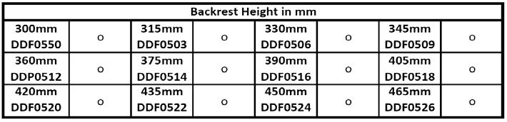 BACK HEIGHT (RH) Back heights 300mm - 390mm are not compatible with DDF1491 Backbrace Back heights 300mm & 315mm are not compatible with
