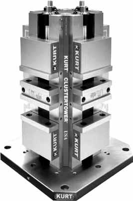 This workholding system achieves workpiece immobility while damping cutter induced vibration. Features: High density vise tower system. Hold multiple parts in eight clamping stations.