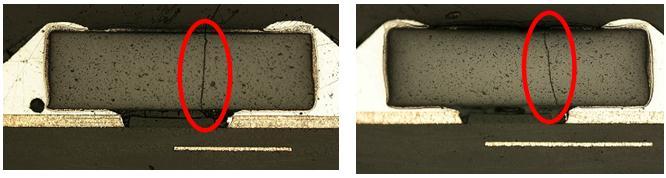 The trace breakage occurred most frequently and was consistently located on the trace between two SMD components (figure 10).