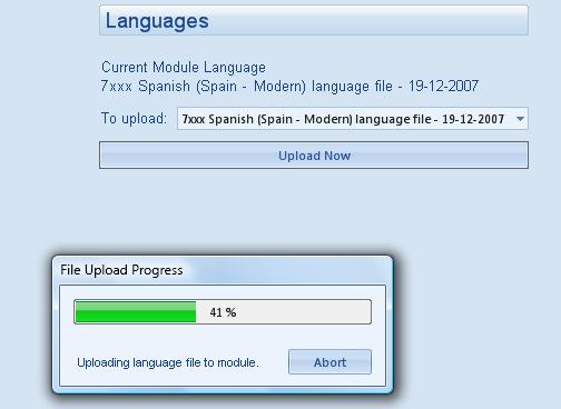 During language upload, the progress is shown. Total transfer time is less than one minute.