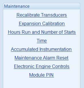 5.16 MAINTENANCE The Maintenance section is subdivided into smaller sections. Select the required section with the mouse. 5.16.1 RECALIBRATE TRANSDUCERS This