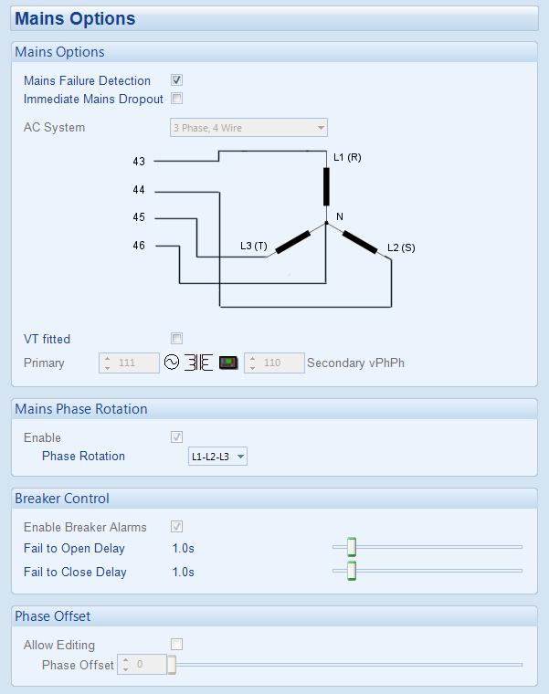 Edit Configuration - Mains 4.7 MAINS = Only available on DSE8660/DSE8620 Modules The mains page is subdivided into smaller sections. Select the required section with the mouse. 4.7.1 MAINS OPTIONS If three phase loads are present, it is usually desirable to set this parameter to to enable Immediate Mains Dropout.
