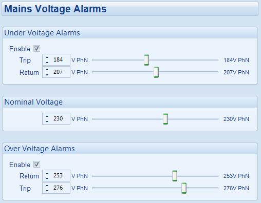 Edit Configuration - Mains 4.7.2 MAINS VOLTAGE ALARMS = Only available on DSE8660/DSE8620 Modules Click to enable or disable the alarms.
