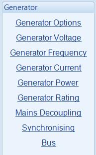 Edit Configuration - Generator 4.8 GENERATOR Not applicable to DSE8660. The generator page is subdivided into smaller sections. Select the required section with the mouse.