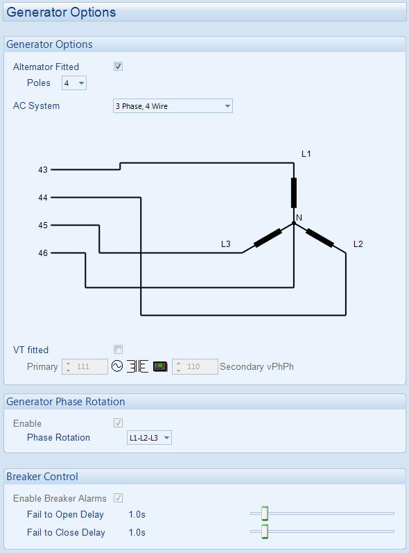 Select your AC system. A schematic is shown below with connection details from the alternator to the DSE8600 Series module. Click to enable or disable the feature.