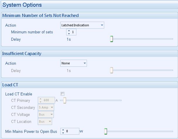 Edit Configuration - Engine 4.9 SYSTEM The system page is subdivided into smaller sections. Select the required section with the mouse. 4.9.1 SYSTEM OPTIONS Determine minimum number of sets and the action take if the minimum number of sets are not closed onto the bus in the required delay time.