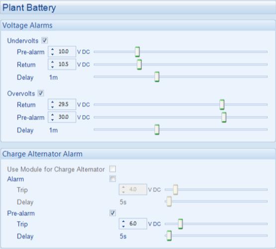 Edit Configuration - Engine 4.10.7 PLANT BATTERY Click to enable or disable the option. The relevant values below will appear greyed out if the alarm is disabled. Click and drag to change the setting.
