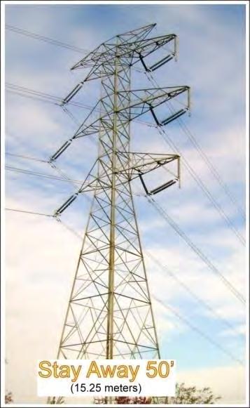 If the wires are mounted to a steel pole, such as the ones in Example B, maintain 50 feet of clearance. This distance accounts for high humidity, wind, lapses, poor vision and equipment malfunctions.