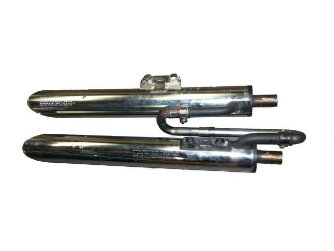 Modify both OEM exhaust mufflers by cutting the exhaust pipe 2-3/4 from the front of the exhaust muffler as shown in the picture below.