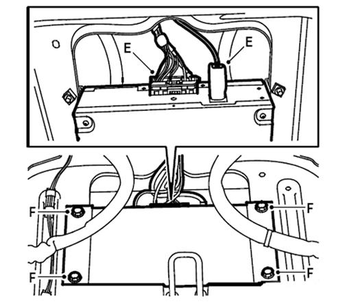 Page 23 of 40 6.14. Thread the optic cable up next to the safety belt by the old optic cable and place on the parcel shelf. 6.15. Unplug the connectors (E) from the OnStar control modules. 6.16.