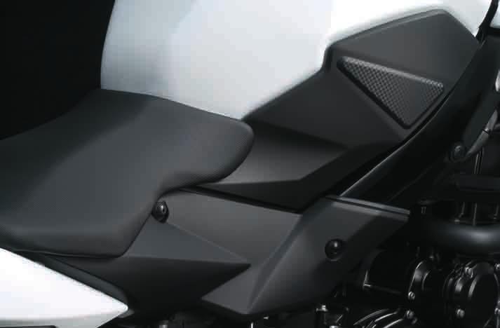 . The fuel tank is flanked by side panels with textured surfaces that deliver an eye-pleasing contrast