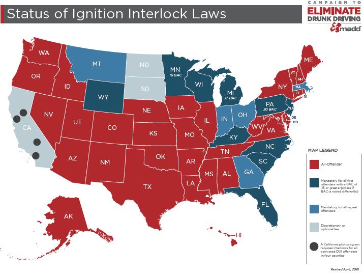 Status of State Ignition Interlock Laws 32 states plus DC have an all-offender ignition interlock law meaning that an arrested or convicted drunk driver must use an interlock in order to drive during