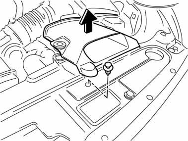Move the tape-wrapped flathead screwdriver in the direction of arrow (1) shown in the figure to press the hood latch protector tab, and lift the tab