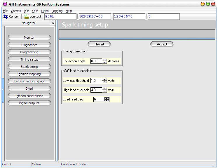 3.2.9 The GillFire Ignition Spark Timing Screen The Spark Timing Screen allows access to the following parameters: Timing Correction User can enter in a timing correction to allow for manufacturing