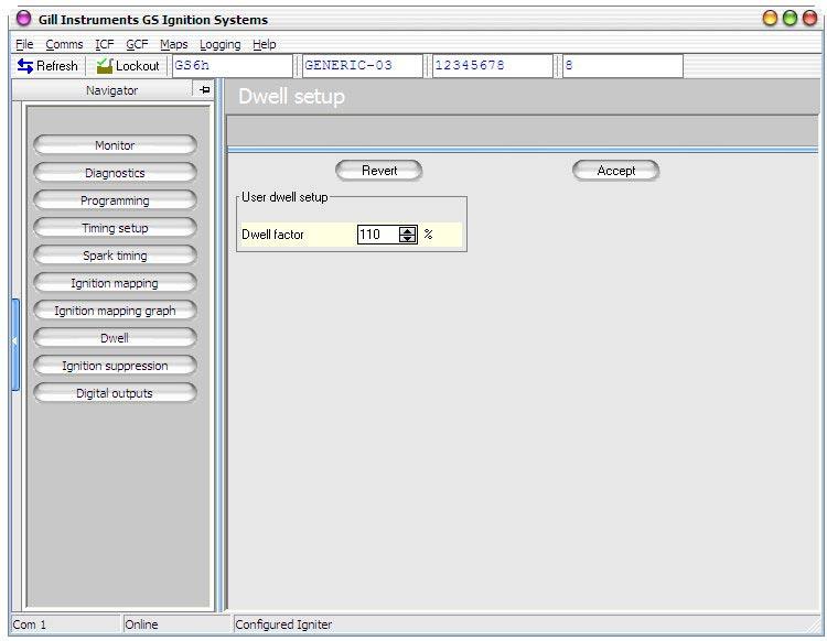 3.2.12 GillFire Dwell Setup Screen This screen allows the user to change the coil on time Dwell to optimise combustions and emissions on an engine.
