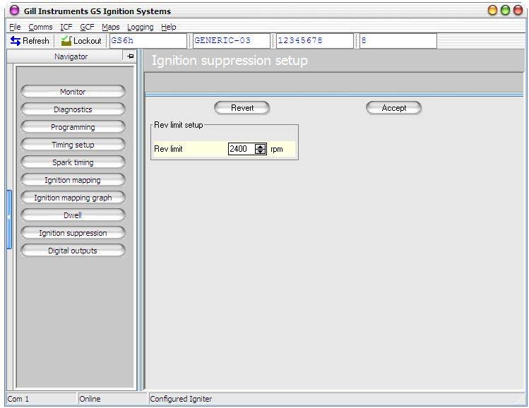 3.2.13 GillFire Ignition Suppression Screen In this screen the User can change the ignition RPM Limit.