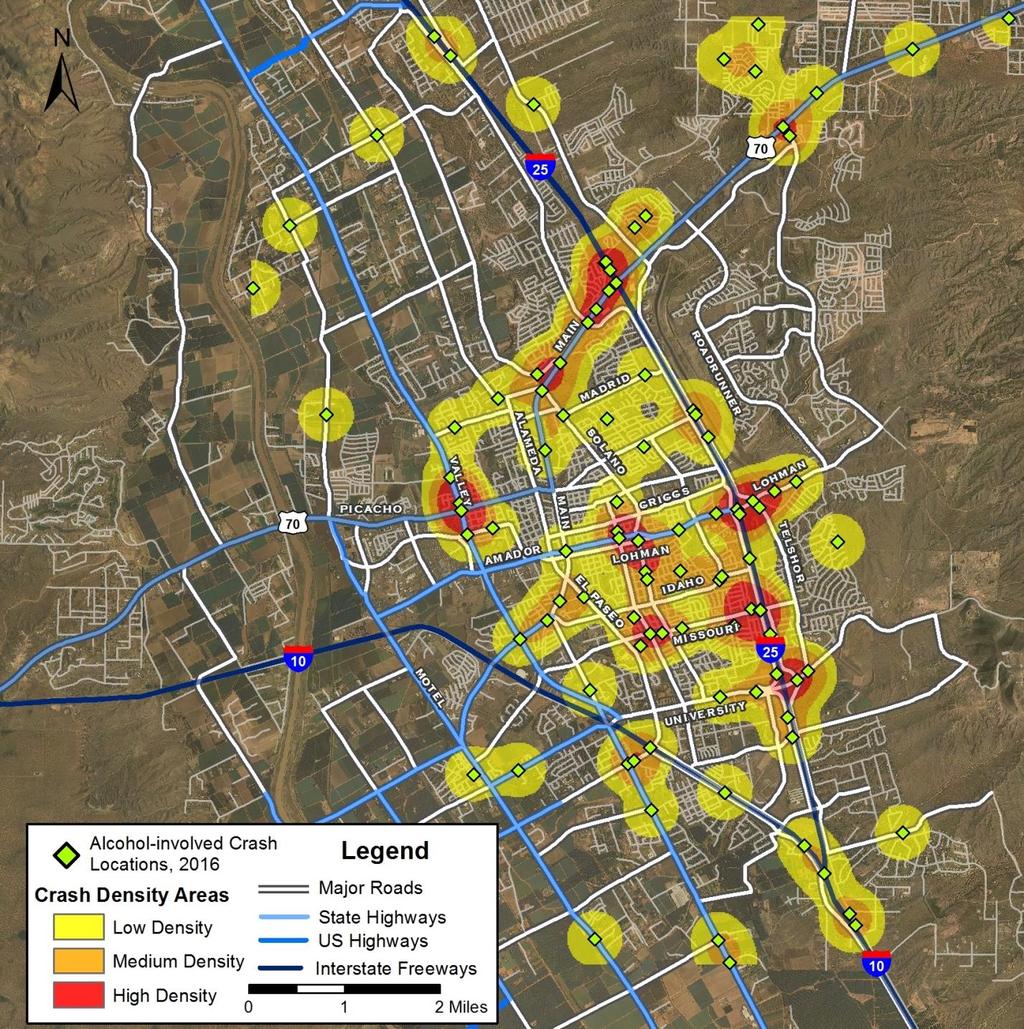 Crash Geography Maps Map 4: Location and Density of Crashes in Las Cruces, 2016 3 All maps are available in high-resolution color at tru.unm.edu.