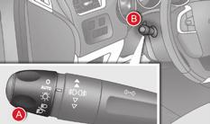 Lighting and visibility Manual controls Model without AUTO lighting The lighting is controlled directly by the driver by means of the ring A and the stalk B. A. Main lighting mode selection ring: turn it to position the symbol required facing the mark.