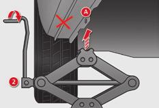 F Extend the jack 2 until its head comes into contact with the jacking point A or B used; the contact area A or B on the vehicle must be engaged with the central part