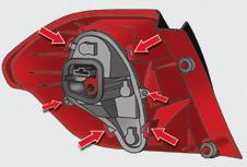 In the event of a breakdown Changing rear lamp bulbs (type 1) After removing the lamp unit, carry out the following operations to replace the failed bulb: F remove the two bulb holder fixing screws,