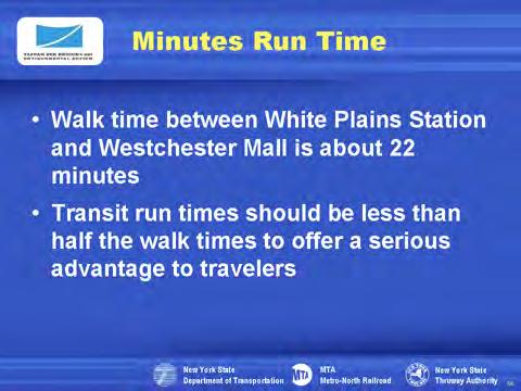 It takes about 22 minutes to walk from the White Plains Station to Westchester Mall.