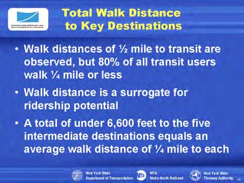 Walk distances are key to convenience. Some people will walk a half mile or more to reach a station, but most will not walk more than a quarter mile.