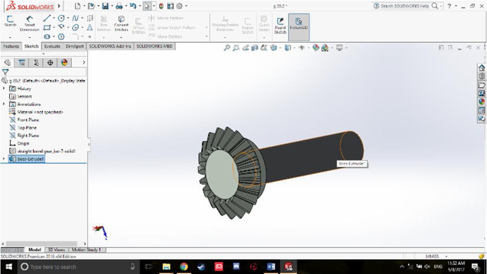 and adding an extruded stub axles rods to it. Figure 4.1.2 It is the second bevel side gear.this figure represents the modeling of second side gear in solidworks.