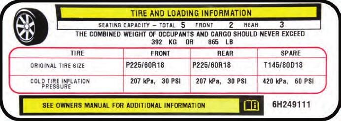 Always refer to the tire information placard (above). Underinflation can create an overload on tires.