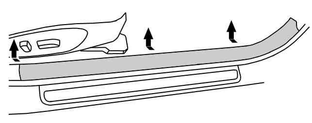 ! CAUTION Front kicking plate and dash side finisher should be removed as one piece to prevent damage to parts. Fig. 2 4) Remove the front kicking plate inner. Fig. 2 a) Pull up the front kicking plate inner, and disconnect pawls.