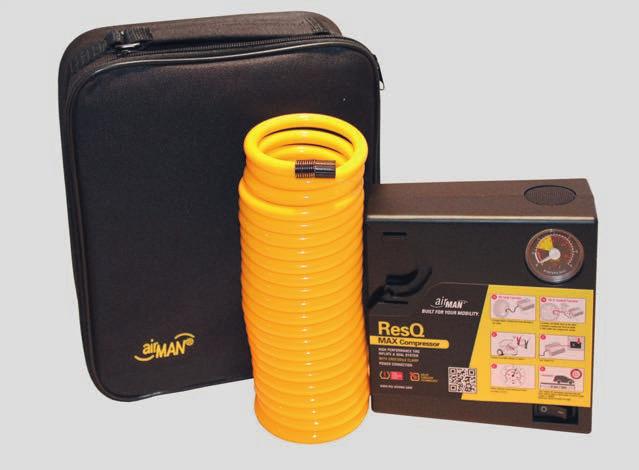 The ResQ Max Inflator is equipped with accessories well suited for large vehicles including alligator clamps and a coiled extension air hose.
