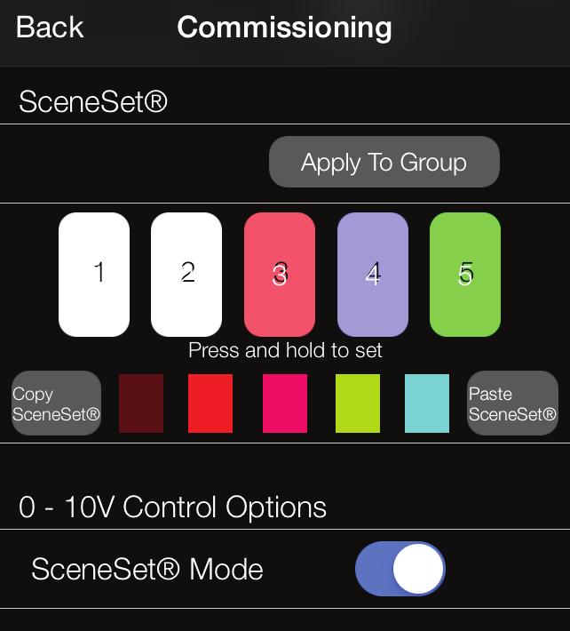 4. COMMISSIONING SCREEN 4.2 SceneSet Allows up to five scenes to be programmed into the lamp and recalled by simply tapping one of the five SceneSet buttons.