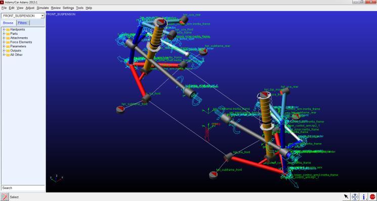 1) Quasi static suspension analysis 2) Dynamic suspension analysis To perform the analysis, you must first create a doublewishbone suspension and steering subsystem from standard Adams/Car templates