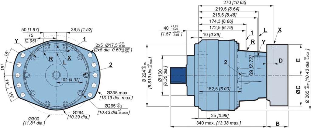 Modular hydraulic motors MS8 - MSE8 OCLAIN HYRAULICS SHAFT MOTOR HIGHFLOW imensions for HighFlow (2A5) 1-displacement motor 62 kg [136 lb] 8 kg [176 lb] 1,5 L [9 cu.] 1, L [6 cu.