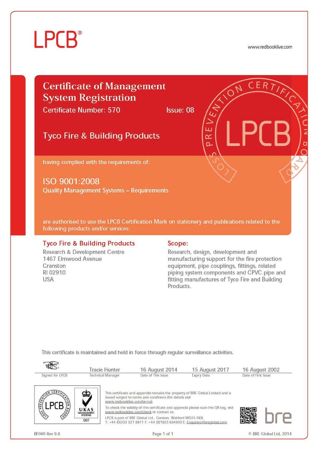 GENERAL INFORMATION 13 ISO 9001:2000 Certified Tyco Fire Protection