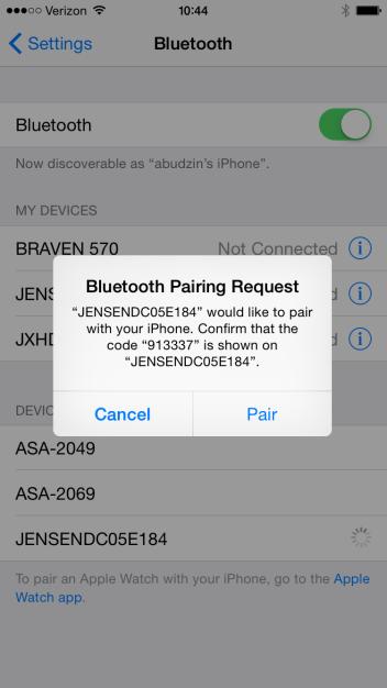 The Pairing Screen will appear: On the ios Device, go to Settings and turn on Bluetooth.
