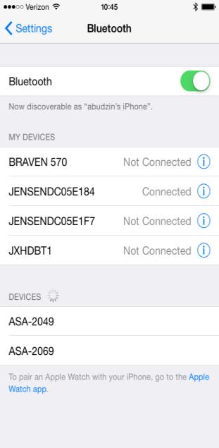 Select the DC on the ios device, it will show "Connected" on the device's Bluetooth list, and the ios device