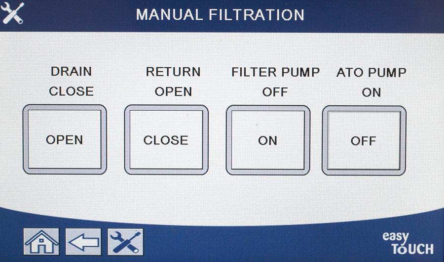 Pressing the filter pump button or ATO pump button activates the pumps. NOTE: The pumps will not activate unless a return valve is opened to prevent deadheading of the pumps.