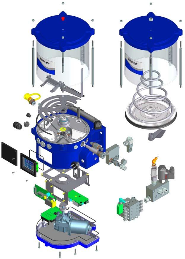 DESIGN The unit consists of a pump housing (1), a reservoir (2), a guide rod module with spring loaded piston (3), gear motor module (4) and a drive shaft module (5).